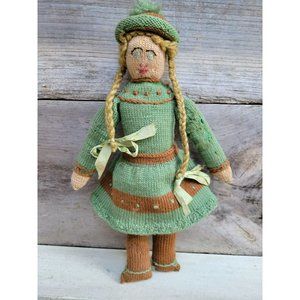 Vintage Cloth Doll 13" Folk Art Knitted Yarn Doll Green & Brown Knit Clothing